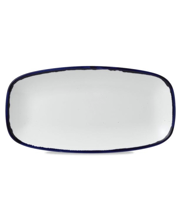 "Rectangular plate with rounded  corners,white with blue edge  HVINXO141"