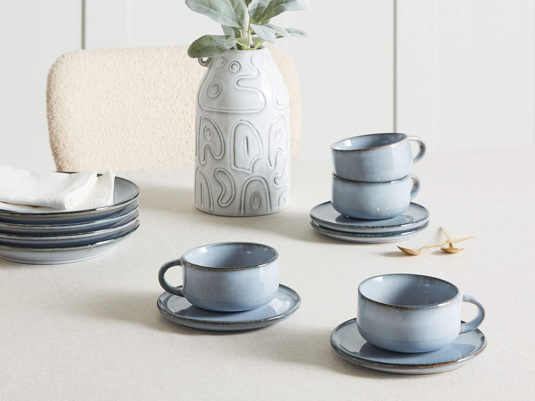 Set of 4 cups with saucers JUNIPER Stoneware Light Blue - Image 3
